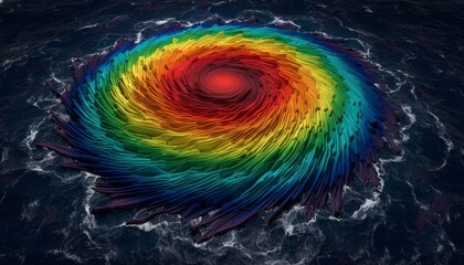 Conceptual visualization of a colorful swirling hurricane vortex over dark ocean