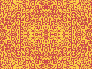 Hand drawn abstract tribal pattern with yellow shapes on red background