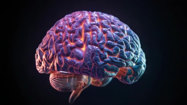 Glowing human brain model illuminated neural pathway neuron cortex anatomy medical with vibrant