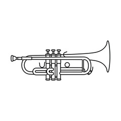 Naklejka premium A detailed black and white line drawing depicts a classic brass trumpet instrument viewed from the side