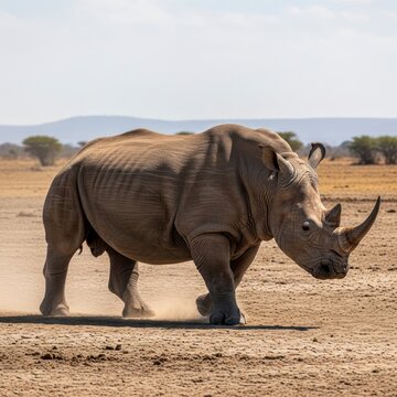 Rhino walking across arid landscape under bright sunlight