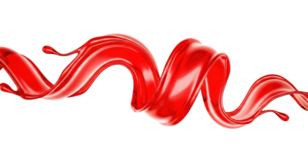 A vibrant red fluid ribbon, high-gloss and reflective, swirling into dynamic, graceful forms with subtle transparency and motion blur, against an immaculate white background with copy space. Concept