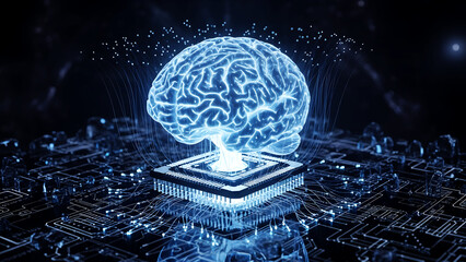 Illuminated neural network brain on digital circuit board