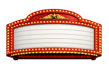 Retro theater marquee sign with empty white board and shining light bulbs, transparent background for text