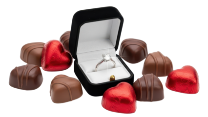 Diamond Engagement Ring in Open Black Velvet Box Surrounded by Heart-Shaped Valentine's Day Chocolates isolated PNG with Transparent Background