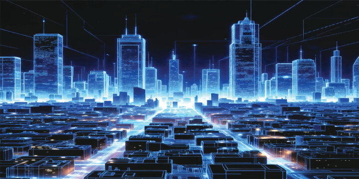 Abstract blue background with binary code and an urban city skyline featuring business skyscraper architecture and light design in a night cityscape vector illustration