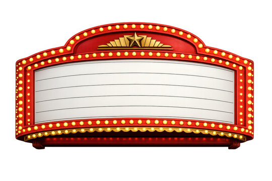 Retro theater marquee sign with empty white board and shining light bulbs, transparent background for text