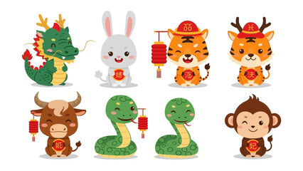 Obraz premium Cute cartoon zodiac animals: dragon, rabbit, tiger, ox, snake, monkey for Chinese New Year.
