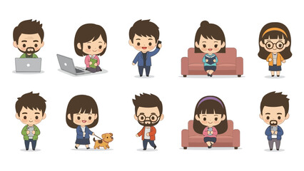 A collection of diverse cartoon characters representing various people in everyday situations, including work, leisure, and pet ownership.