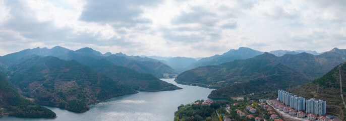 Aerial view of mountain lake scenery in autumn