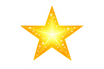 Golden glowing star icon symbol shining with sparkling highlights, representing success, quality, award, and premium rating, on transparent background