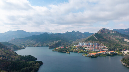 Aerial view of mountain lake scenery in autumn