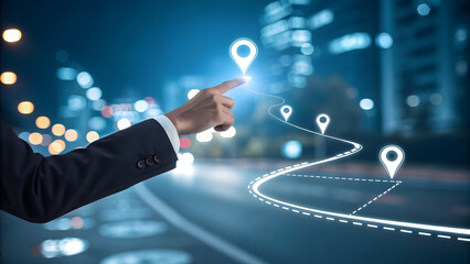 Businessman interacting with digital map navigation at night