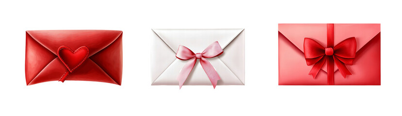 Three stylish envelopes with bows and hearts isolated on transparent background PNG