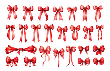 Collection of various red ribbon bows isolated on transparent background PNG