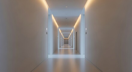 Fototapeta premium Modern Hotel Corridor with Recessed Lighting and Repeating Doors.