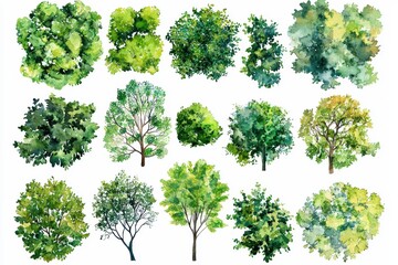 Fototapeta premium A collection of watercolor painted trees and bushes arranged in a grid against a white background.