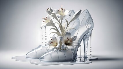 An antique bronze angel figurine stands near white wedding shoes arranged elegantly on a decorative table and the floor as a symbolic religious sculpture