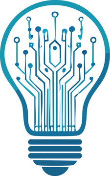 Line icon of smart light bulb with AI circuits inside, innovation concept