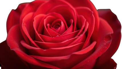 Naklejka premium Vibrant Red Rose Blossom Close-Up with Dew Drops isolated PNG with Transparent Background