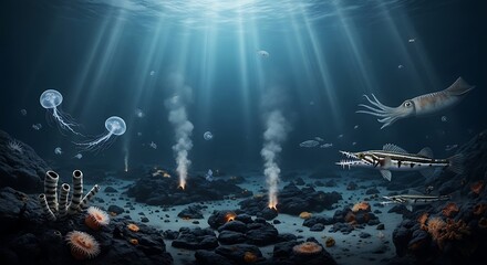 Underwater scene depicting marine life creatures deep ocean environment