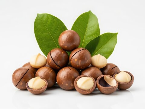 Freshly harvested macadamia nuts with green leaves
