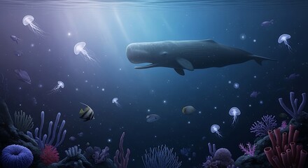 Underwater scene sperm whale swimming with jellyfish and coral reef