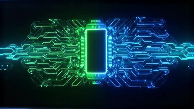 Futuristic battery with glowing circuit board and neon lights.