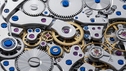 Intricate mechanical watch movement with interlocking gears and jewels.