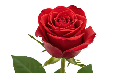 Fototapeta premium Vibrant red rose flower with green leaves, single blooming rose bud on white background, elegant floral botanical element for romantic design
