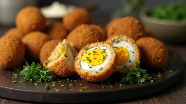 Golden Fried Scotch Eggs with Soft Boiled Center and Herbs on Dark Plate