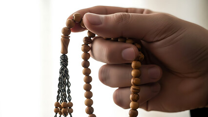 Hand holding prayer beads meditation.