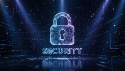 Abstract Digital Security Padlock with Glowing Particles and Technology Grid