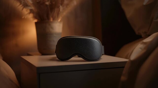 Sleep mask on bedside table in warm cozy bedroom lighting with luxury black sleep mask vignette