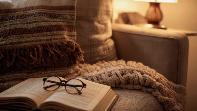 Cozy reading nook with open book, reading glasses on knit blanket and soft sofa under warm lighting