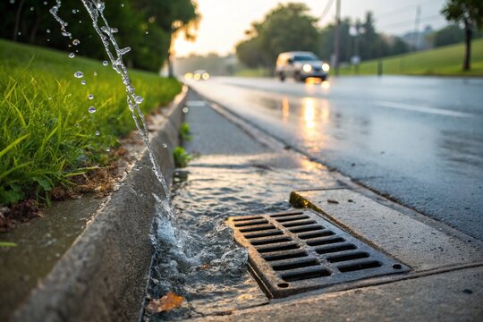 Stormwater flows along an urban street during heavy rainfall, collecting on drainage grates and wet roads, highlighting runoff management, infrastructure resilience, and environmental sustainability.
