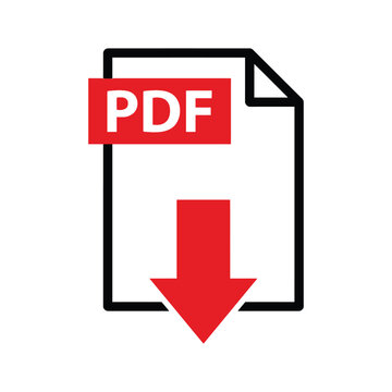 A simple black and white illustration depicts a red pdf document with a download arrow
