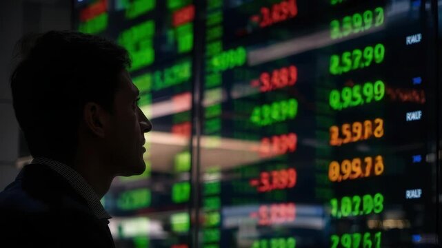 Silhouette businessperson watching glowing stock market ticker and display with tense finance
