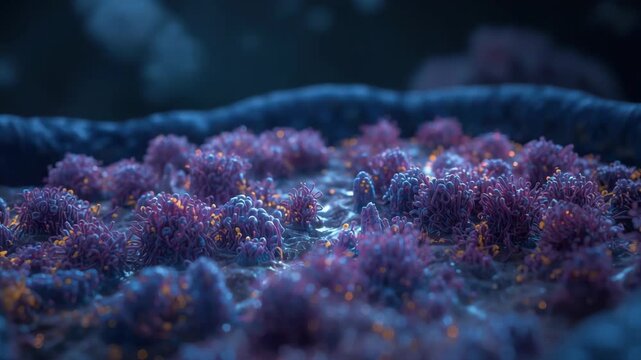 Purple orange bioluminescent coral reef underwater with glowing polyps and microscopic growth