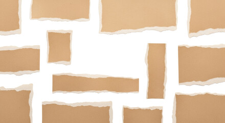 Fototapeta premium Light brown kraft torn paper pieces with irregular ragged edges and vintage texture, scattered on a transparent background with copy space, top-down view, soft shadows, versatile rustic background