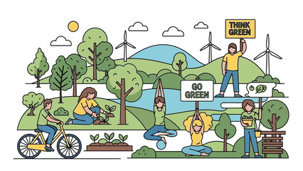 Obraz premium Illustration of people engaging in eco-friendly activities in a green landscape with windmills and trees.