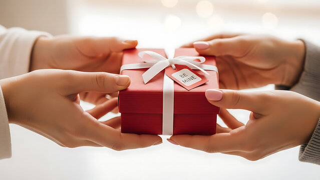 Hands Exchanging Red Gift Box with Ribbon.
