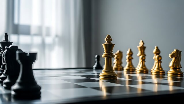 Chessboard with black and gold pieces in a strategic game setup.