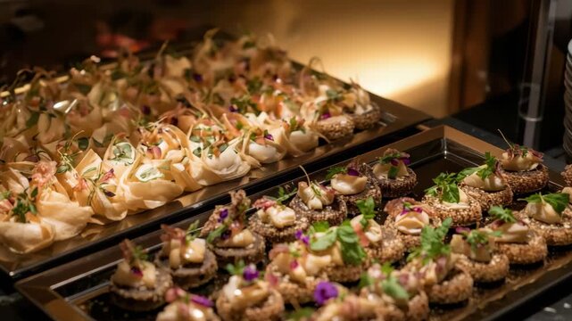 Gourmet canape assortment with sesame pastry appetizer and hors doeuvre trays adorned with edible