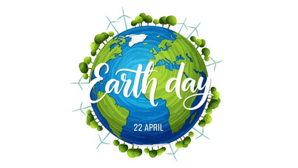 Earth Day illustration with the planet Earth surrounded by trees and wind turbines, celebrating environmental awareness on April 22nd.