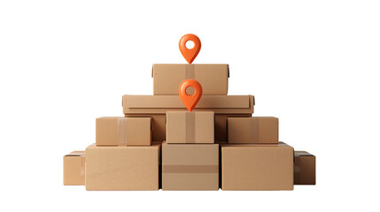 Stack of cardboard boxes with location pins for delivery or logistics