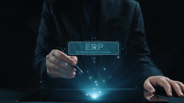 ERP platform visual showing centralized system for enterprise resource planning, improving integration, data flow, business efficiency, finance, inventory, and human resources. Elide