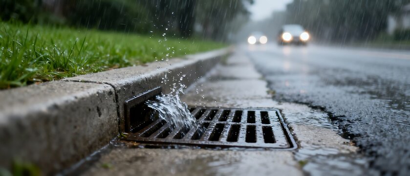 Stormwater flows along an urban street during heavy rainfall, collecting on drainage grates and wet roads, highlighting runoff management, infrastructure resilience, and environmental sustainability.