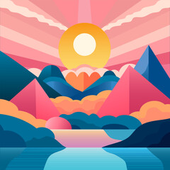 An abstract vector landscape with a sunrise over mountains and water.