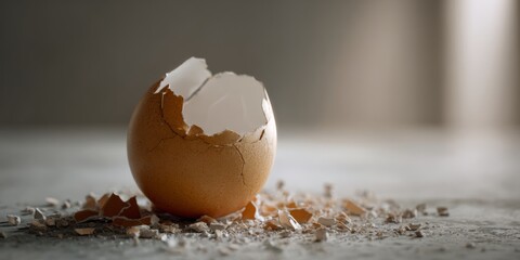 Eggshell fragments and raw egg yolk, metaphor for beginning or birth.
